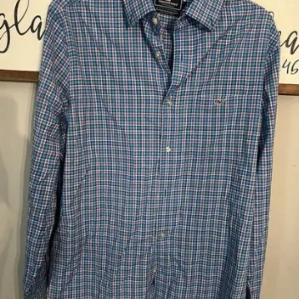 Vineyard Vines Performance Blue & Pink Button Up Long Sleeve Dress Shirt Men's M